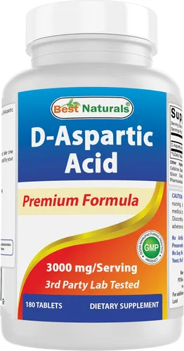 Best Naturals Ácido aspártico D (DAA) 3000 mg por porción, sin OMG y sin gluten, 180 tabletas