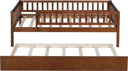 Miniatura 7 de Base de cama de tamaño individual con barandillas nido y vallas, camas infantiles de madera estilo Montessori con soporte de tablillas, sofá cama