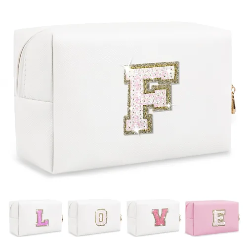 Miniatura 56 de Pequeña bolsa de maquillaje personalizada con inicial A-Z Preppy Patch, bolsa de cosméticos de viaje de felpilla blanca con cremallera, bonita bolsa