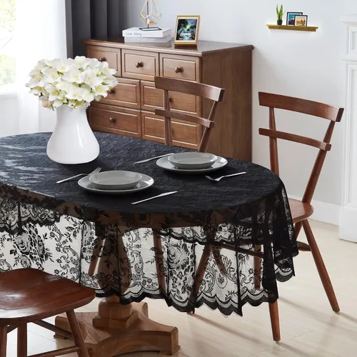 Miniatura 12 de ASATEX Mantel de encaje redondo negro de 36 pulgadas. El patrón floral clásico y elegante es la elección ideal para cualquier comedor de lujo