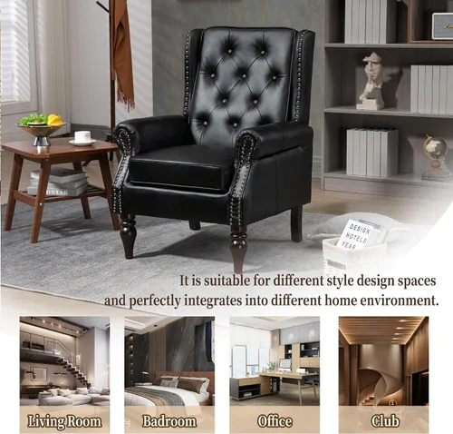 Miniatura 4 de Sillón de respaldo alto de mediados de siglo, moderna silla de salón, silla de sala de estar, silla de barril de piel sintética con hebilla