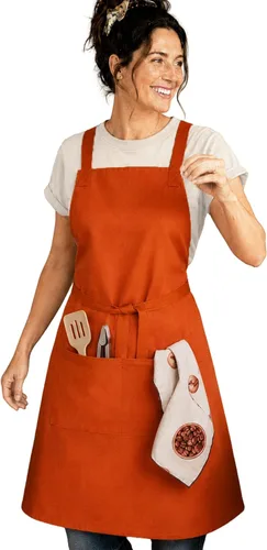 Miniatura 11 de Delantal de cocina 100% algodón con 2 bolsillos, delantal de chef ajustable para cocinar, hornear barbacoa, delantal unisex
