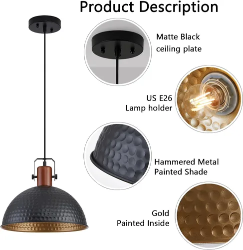Miniatura 3 de Luces Colgantes Negras de 12 Pulgadas Martilladas Mate Luces Colgantes para Isla de Cocina Industrial Granja Altura Ajustable Luminarias Colgantes