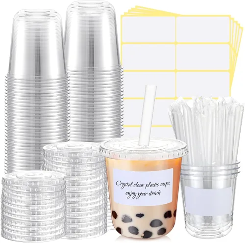 Miniatura 11 de Ziliny 25 juegos de vasos de plástico transparente con tapas, pajitas y pegatinas, vasos desechables de PET engrosado para café helado, té