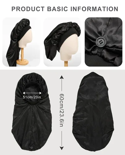 Miniatura 7 de AWAYTR Gorro largo de satén para mujer, gorro de seda de 2 capas para trenzas, gorro de dormir elástico con gorro de noche de banda ancha (negro)