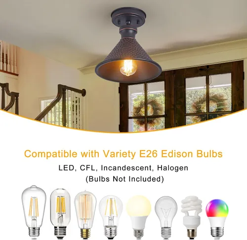 Miniatura 6 de Tarentlight Lámpara de techo industrial semiempotrada de 9.2 pulgadas, pantalla de aluminio fundido con patrón martillado vintage, lámpara clásica 1