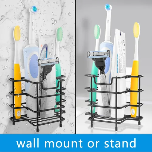 Miniatura 6 de Linkidea - Soporte para cepillos de dientes para ducha, soporte de cepillo de acero inoxidable, soporte para encimera/pared, organizador de 3 Negro