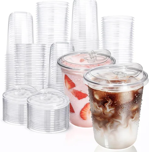 Miniatura 11 de Fit Meal Prep Paquete de 100 vasos de plástico transparente de fondo redondo de 12 onzas con tapas sin popote, tazas de café helado desechables
