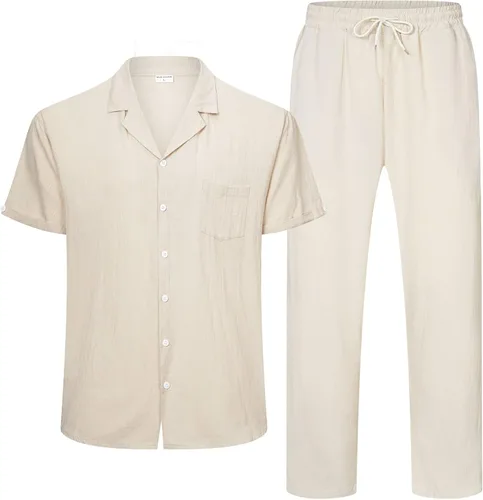 Miniatura 20 de RPOVIG Conjunto de camisa de lino y pantalones: conjuntos de lino de 2 piezas para hombre, camisas de manga corta, pantalones de yoga, trajes