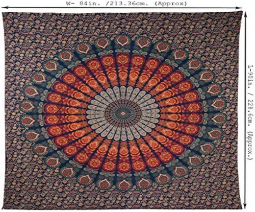 Miniatura 6 de RAJRANG Tapiz de Mandala de Pavo Real Hippie para Colgar en la Pared 90 x 84 pulgadas Tapices Decorativos Trippy Bohemios Indios Hechos a Mano