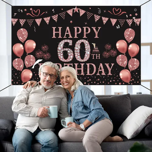 Miniatura 6 de Trgowaul Decoraciones de cumpleaños número 60 para mujer, pancarta de fondo de cumpleaños de oro rosa, 5.9 x 3.6 pies, suministros de fotografía