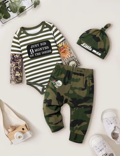 Miniatura 17 de Conjunto de 3 piezas de ropa para bebé y niño, manga de tatuaje, mameluco divertido y pantalones