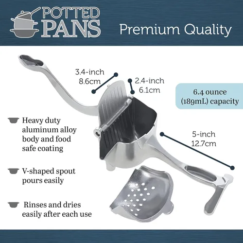 Miniatura 2 de Potted Pans Manual Citrus Juicer Hand Press - Exprimidor de limón de metal grande de 6.4oz para pomelo naranja y lima Más