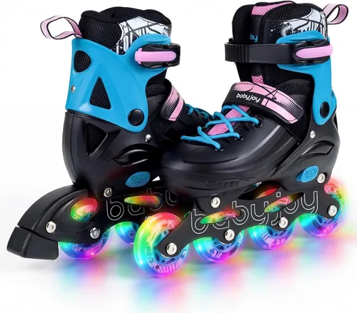 Miniatura 11 de BABY JOY Patines en línea, 4 tamaños ajustables para niños con ruedas iluminadas para niños de 5 a 14 años, divertidos patines iluminadores