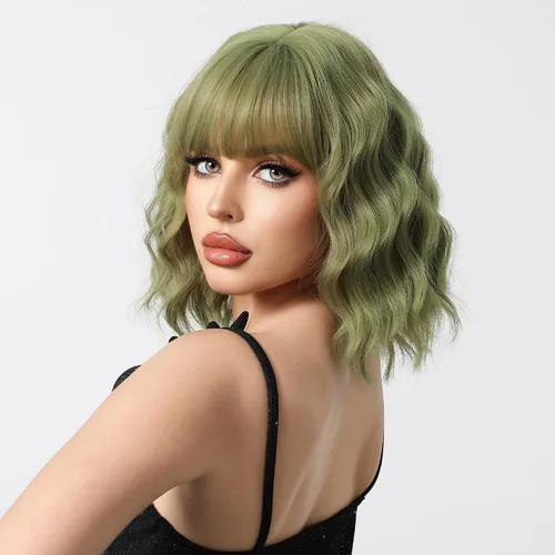 Miniatura 3 de BERON Pelucas cortas verdes para mujer, peluca rizada ondulada con flequillo para niñas, pelucas de cabello de color verde aguacate, peluca