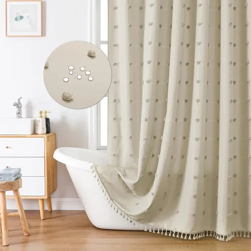 LilyCat Cortina de Ducha de Tela Beige Estilo Boho Granja, 72x72 pulgadas Plisados Acolchados Florales Abullonados con Textura de Borlas, Cortina de