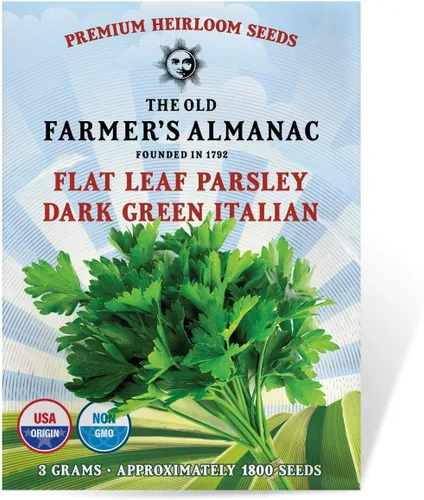 The Old Farmer's Almanac Semillas de perejil Heirloom (hoja plana italiana verde oscuro) – Aproximadamente 1500 semillas – Sin OMG, polinizado