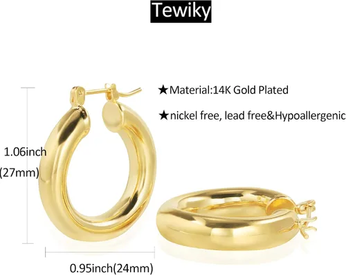 Miniatura 49 de Aretes de aro gruesos de oro para mujer, chapados en oro de 14 quilates, aretes de aro triple, hipoalergénicos, a la moda, aretes de aro gruesos