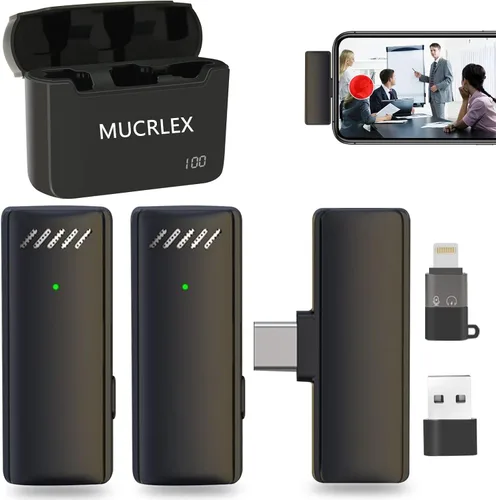 Micrófonos inalámbricos, mini micrófonos con 2 adaptadores convertibles para iPhone iPad Android PC en video Vlog grabación entrevista (negro)