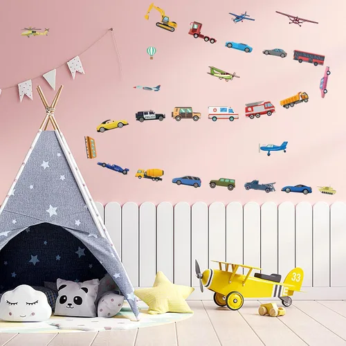 PLIGREAT 148 calcomanías de pared para vehículos, coches, aviones, calcomanías de pared para despegar y pegar, vinilo extraíble para guardería, sala