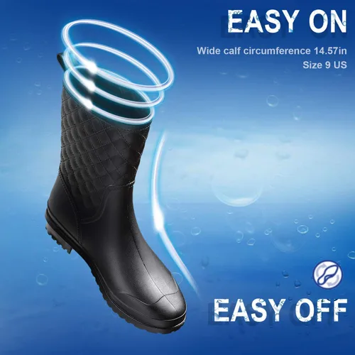 Miniatura 3 de Petrass Botas de lluvia para mujer, color negro impermeable a media pantorrilla, ligeras, lindo botines de moda para trabajar cómodos zapatos