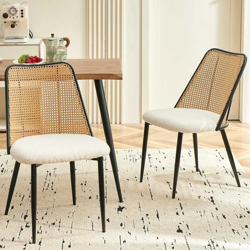 Miniatura 5 de NORDICANA Dining Table Set for 4, Kitchen Table and 4 Chairs, 5 Pieces Dinette Wood Table with Beige Boucle Chiars, Rattan Backrest