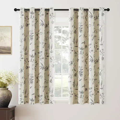 Miniatura 31 de ChrisDowa Cortinas florales 100% opacas de 63 pulgadas de largo, 2 paneles para dormitorio, sala de estar, estampado de flores negras