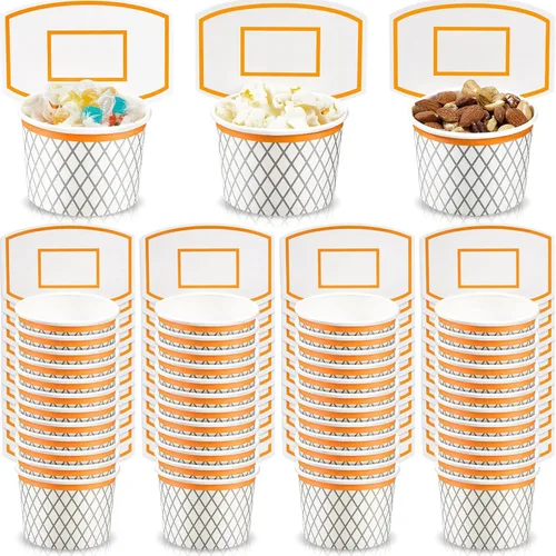 Suclain 48 tazas de aro de baloncesto para aperitivos, decoraciones de fiesta de baloncesto, suministros de papel para aperitivos, cuencos de comida