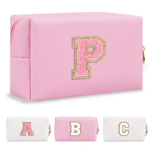 Miniatura 208 de Pequeña bolsa de maquillaje personalizada con inicial A-Z Preppy Patch, bolsa de cosméticos de viaje de felpilla blanca con cremallera, bonita bolsa