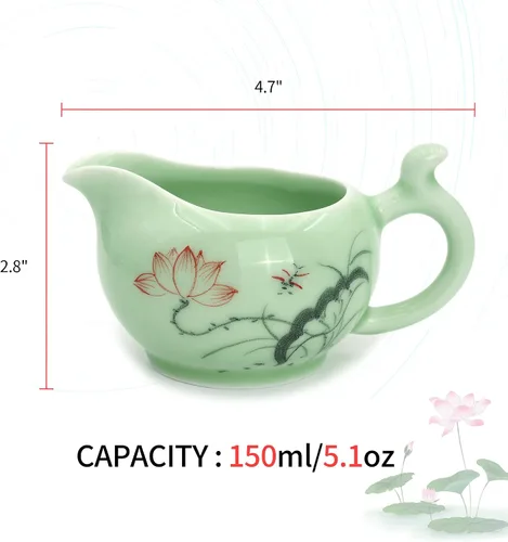 Miniatura 4 de DELIFUR Celadon Juego de té de porcelana hecho a mano con tema de loto, tetera de porcelana cubierta taza de té Gongdao taza de China