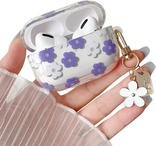 Miniatura 16 de MINSCOSE Funda transparente compatible con AirPods 1/2, bonito diseño de patrón de flores de dibujos animados con llavero floral, funda protectora