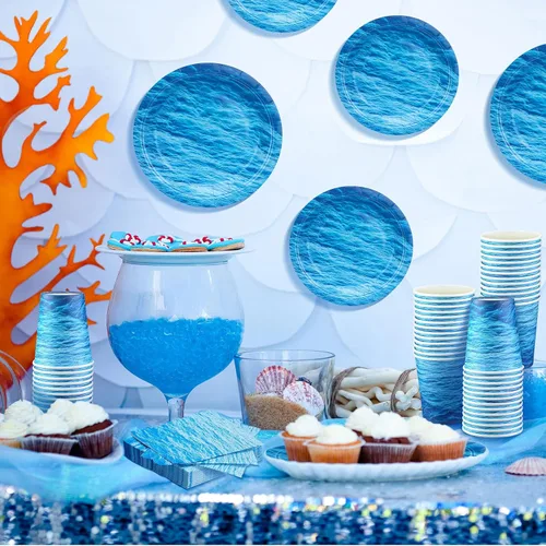 Miniatura 2 de 200 piezas de suministros para fiesta del océano, juego de vajilla con diseño de olas del océano, platos impresos, servilletas, tazas, decoraciones