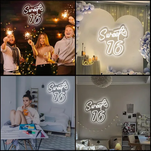Miniatura 9 de Decoraciones de neón para fiestas de 16 años con texto en inglés «Sweet 16», decoración de cumpleaños para niñas, brillo vibrante para fiestas