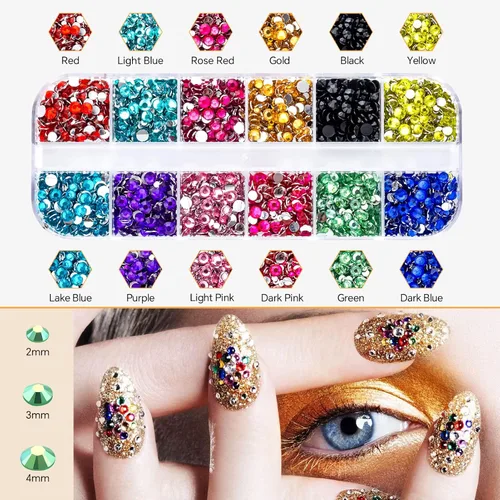 Miniatura 3 de 3 cajas de 6600 piezas de diamantes de imitación para arte de uñas, perlas semicirculares, gemas multicolor para uñas AB con parte trasera plana