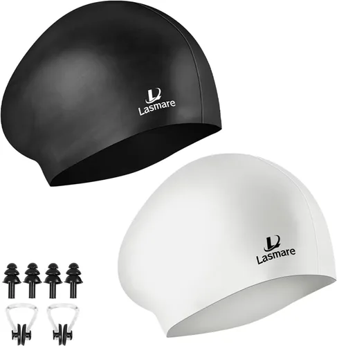 Miniatura 12 de Long Hair Swim Cap for Women 2 Pack, Silicone Swimming Caps for Unisex Adult Women Men with Ear Plugs & Nose Clip Set, Waterproof Adult Swim Hats