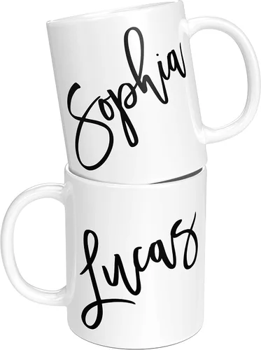 Miniatura 4 de Juego de 2 tazas de café personalizadas de 11 onzas para parejas con nombre/texto, tazas de café de cerámica, tazas personalizadas para esposa
