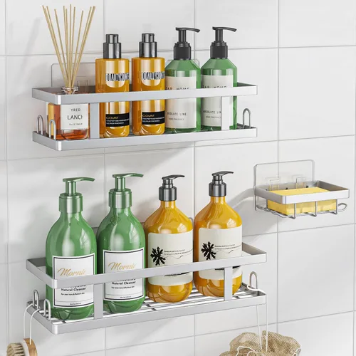 Miniatura 15 de Youvip Organizador de ducha adhesivo sin taladro, organizador de baño con soporte para jabón, estantes inoxidables de gran capacidad para ducha