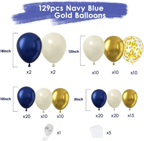 Miniatura 3 de Kit de arco de globos azul marino, dorado y blanco, 129 piezas de doble relleno, azul real, cromado, oro, perla, arena, blanco, confeti, guirnalda