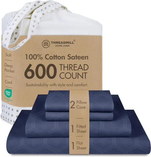 Miniatura 43 de Threadmill Sábanas de Algodón 100% para Cama Tamaño Queen - Juego de Sábanas Queen de 600 Hilos con Bolsillo Profundo de 16" - Juego de Ropa de Cama
