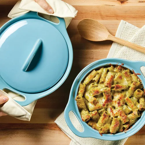 Miniatura 12 de Rachael Ray Solid Glaze Ceramics - Juego de utensilios para hornear/panadería con tapa compartida, 3 piezas, azul agave