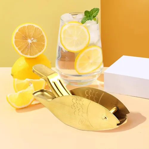 Miniatura 9 de Exprimidor de limón en forma de pescado, exprimidor manual de limón de acero inoxidable, cítricos de lima portátil, jugo de prensa manual resistente