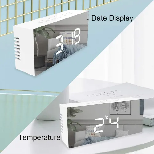 Miniatura 4 de Reloj despertador digital, pantalla LED grande con espejo con función de repetición, brillo ajustable, adecuado para el hogar, dormitorio, sala
