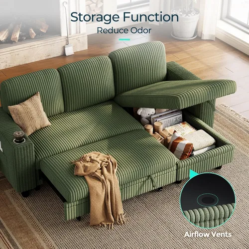 Miniatura 9 de LINSY HOME Sofá Seccional Cama con Sofá Cama Extraíble Convertible de Pana Suave Tipo Nube con Chaise de Almacenamiento y Carga USB, Cómodos Sofás