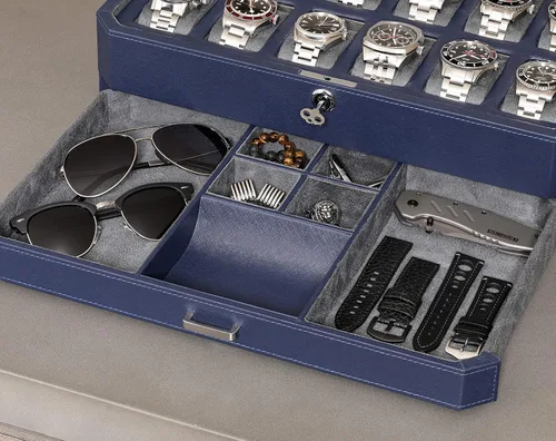 Miniatura 7 de ROTHWELL Caja de reloj de cuero con 12 ranuras con cajón de valet, organizador de exhibición de lujo de 12 ranuras, forro de microgamuza, soporte