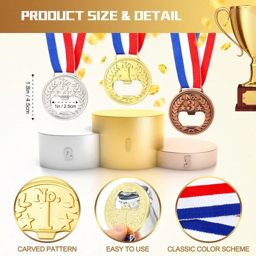 Miniatura 6 de Honeydak Abrebotellas plano en forma de medalla, 18 piezas, premio de metal, oro, plata, cobre, abretrofeos, con cinta para el cuello, para fiesta