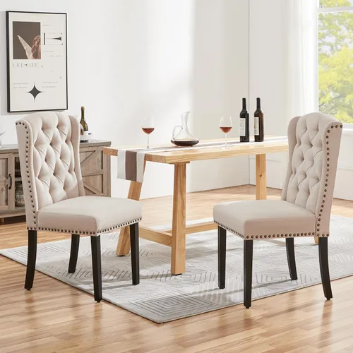 Miniatura 2 de Yaheetech Juego de 2 sillas de comedor tapizadas con botones copetudos con patas de madera maciza y adornos de cabeza de clavo para comedor, sala