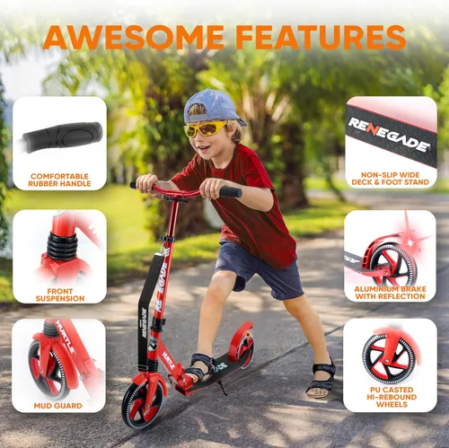 Miniatura 3 de Hurtle Renegade Kick Scooter for Kids, Teenagers & Adults - 2-Wheel Folding Scooter with Adjustable T-Bar Handlebar - Alloy Anti-Slip Deck Rojo