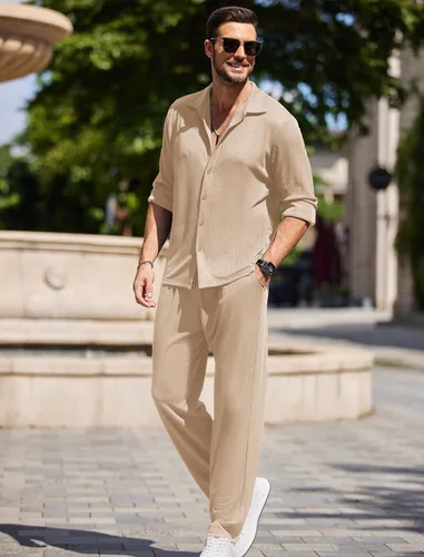 Miniatura 4 de COOFANDY Conjunto de 2 piezas para hombre, de manga larga, casual, con botones, camisa y pantalones, Camello