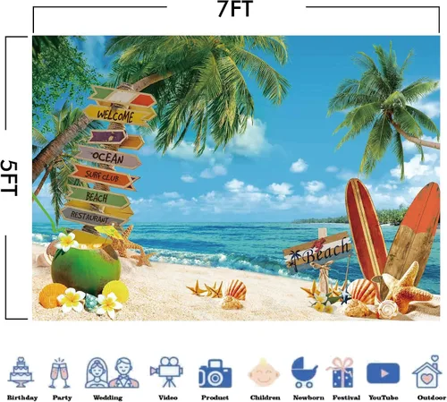 Miniatura 4 de Tela de poliéster de 7 x 5 pies, telón de fondo de playa de verano, fondo de playa tropical, isla de palmeras, fotografía, cielo de mar azul