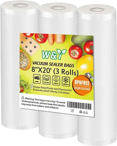 Bolsas selladoras al vacío – 8 pulgadas x 20 pies (3 rollos) – Rollos de grado comercial Sous Vide & Food Saver, reutilizables y redimensionables,